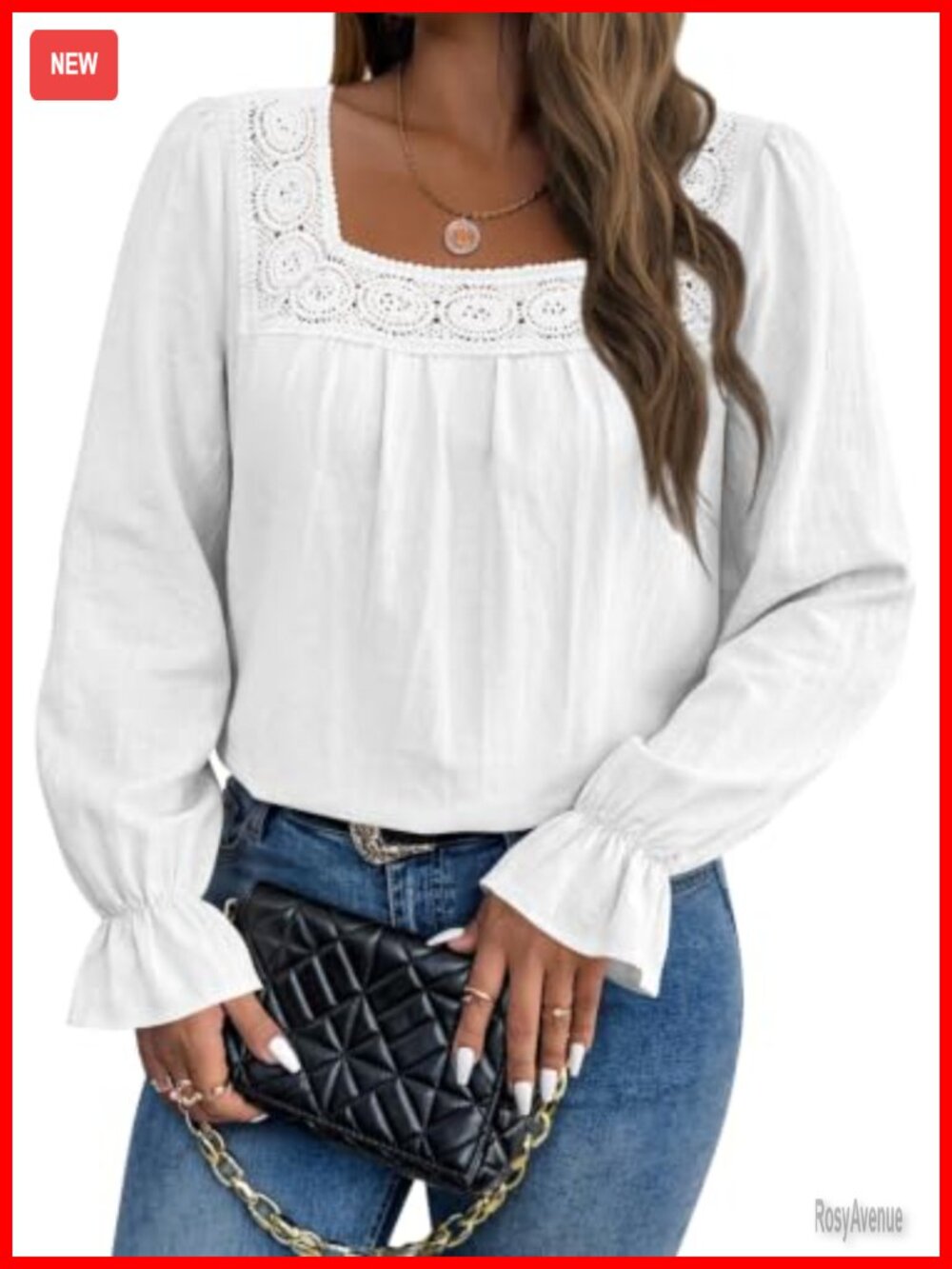 Womens Boho Eyelet Lace Square Neck Blouse Puff Sleeve Top